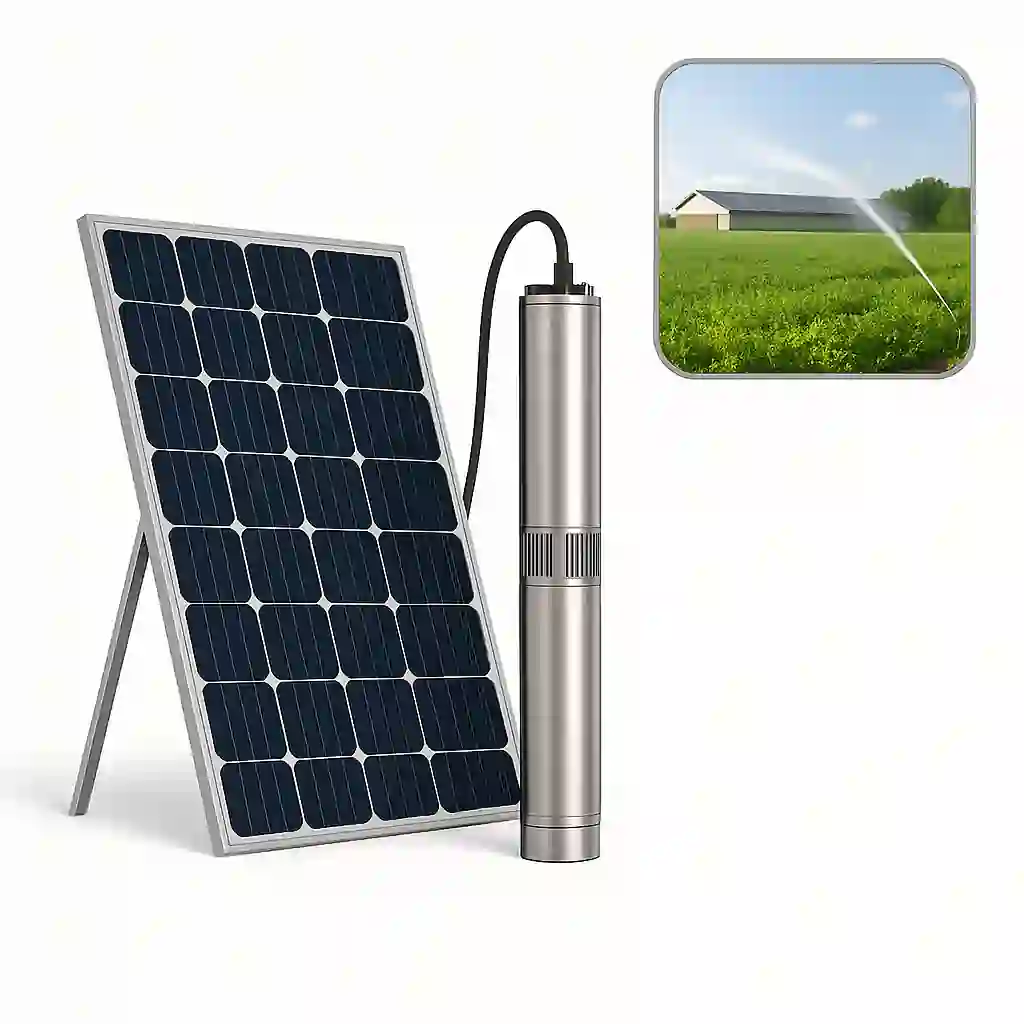 Solar-powered water pump system for farm irrigation and livestock, with 10-100HP capacity and 70% diesel cost savings