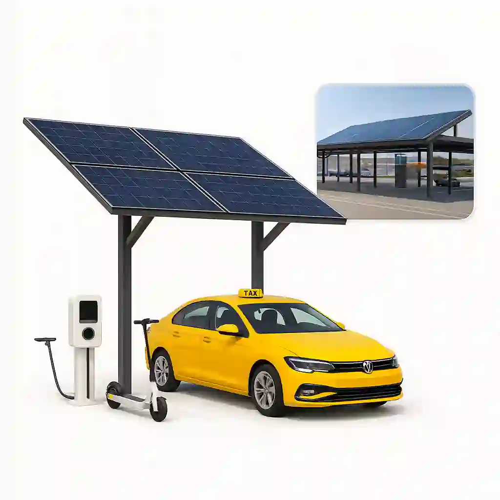 Industrial solar carport with photovoltaic panels for electric bus and truck charging, providing shade and renewable energy generation