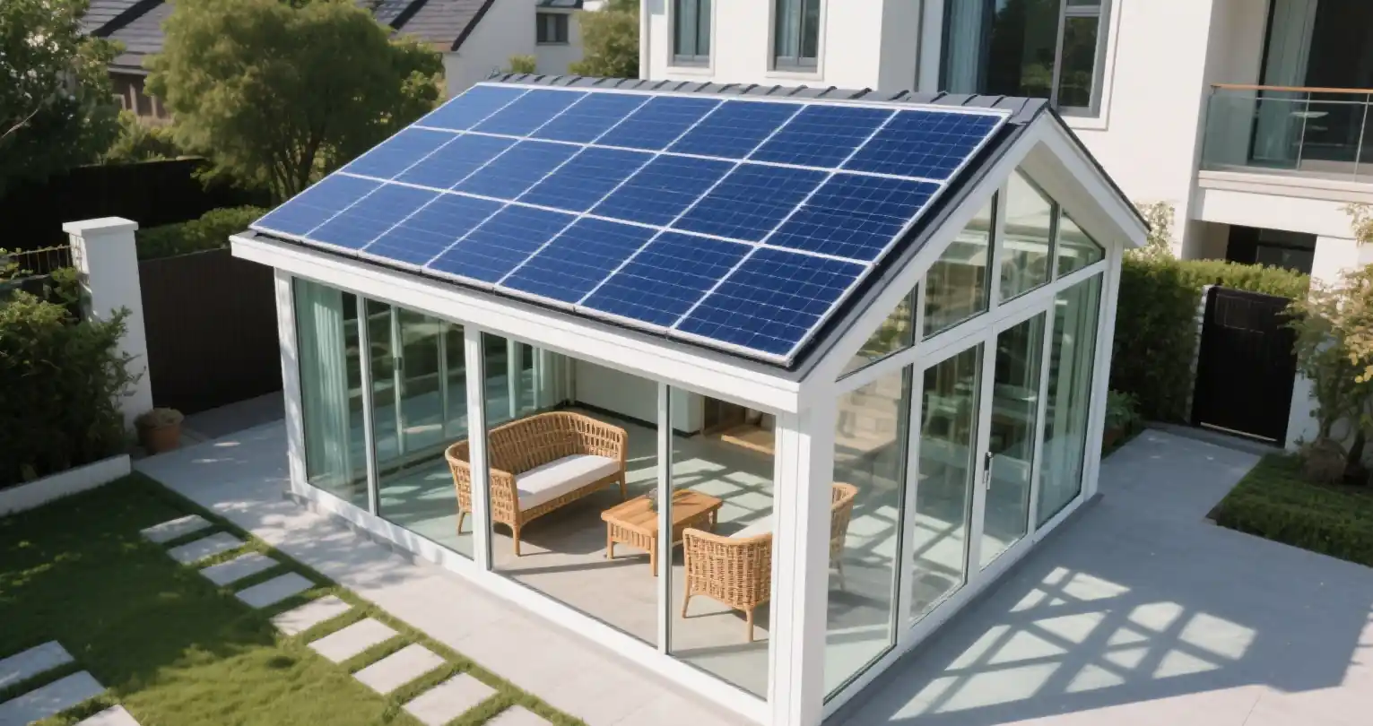 SUNOLUXE Solar PV Canopy – Energy-generating Sunroom with Glass Roof