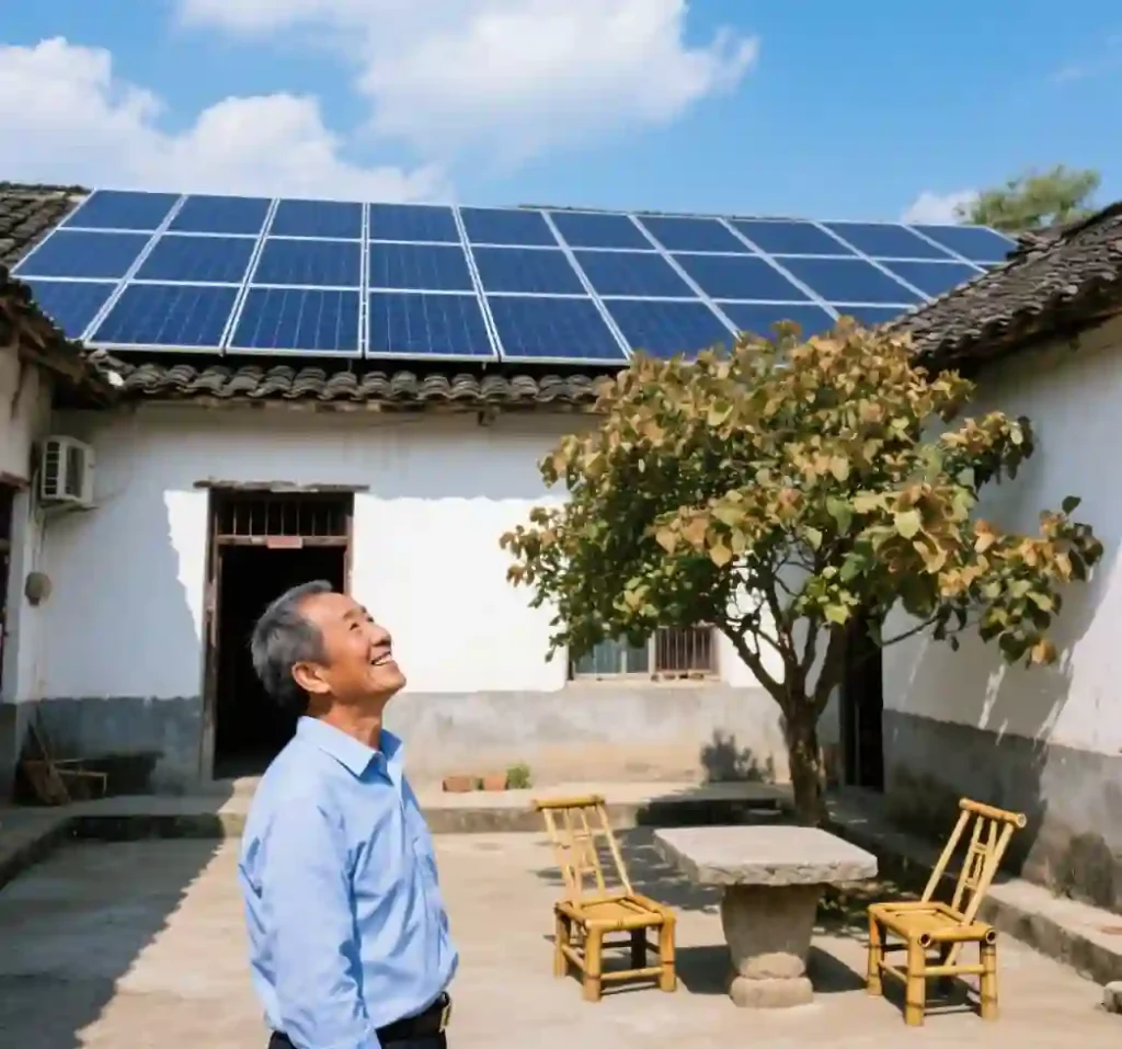 Elderly homeowner looking up at newly installed rooftop solar panels on his house, symbolizing lower bills and energy independence.