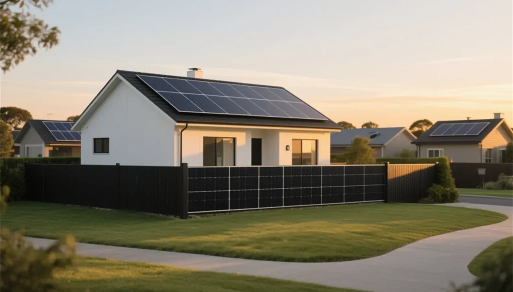 SUNOLUXE residential solar PV fence with rooftop solar panels, combining clean energy and modern aesthetics